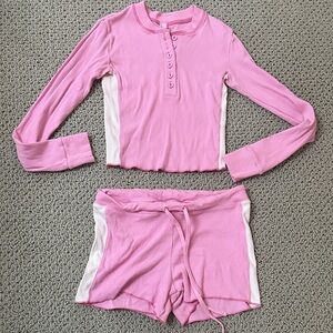 SKIMS bubblegum pink cropped rib cotton Henley top and shorts set S